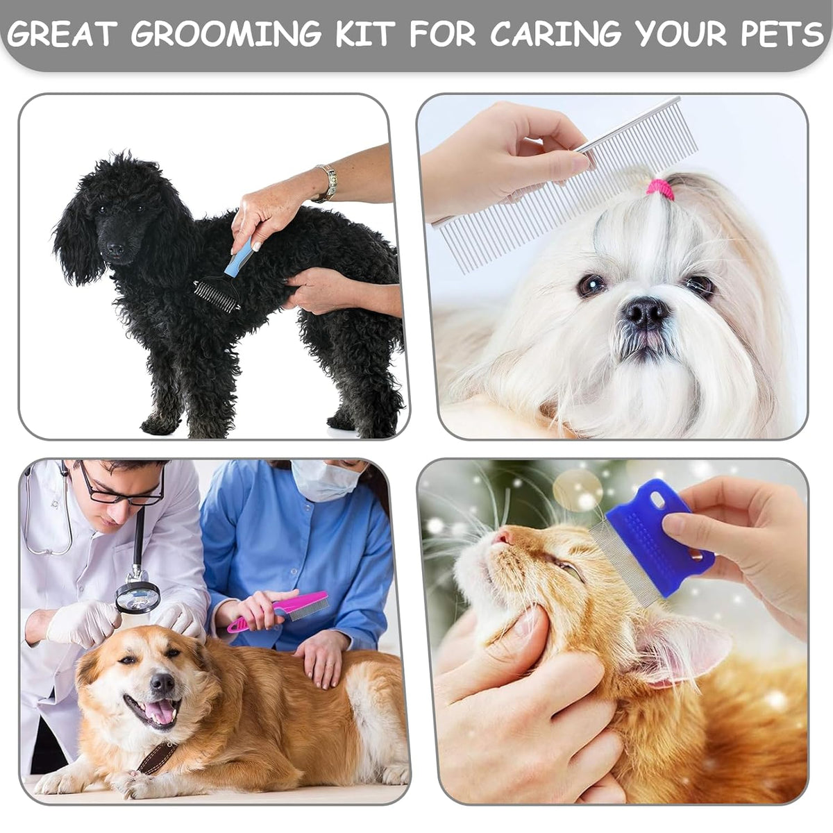 7-Piece Pet Grooming Brush and Comb Set, Double-Sided Deshedding and Dematting Brush, Undercoat Rake for Dogs and Cats, Includes Metal Comb, Flea Comb, Open Knot Comb, Fine-Tooth Comb, and Tear Stain Remover Comb