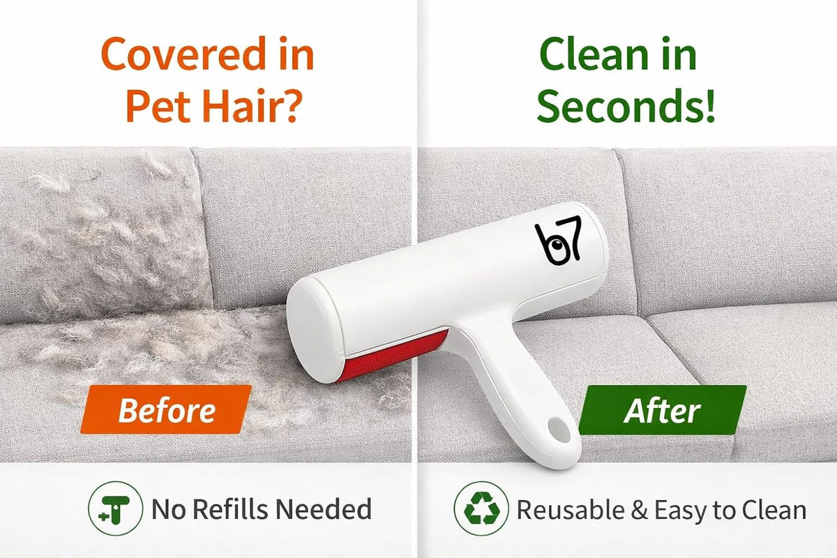 Pet Hair Remover Roller B7 – Reusable Self-Cleaning Lint Roller for Dogs and Cats – Portable Fur Removal Solution for Upholstery, Carpets, and Vehicles – White