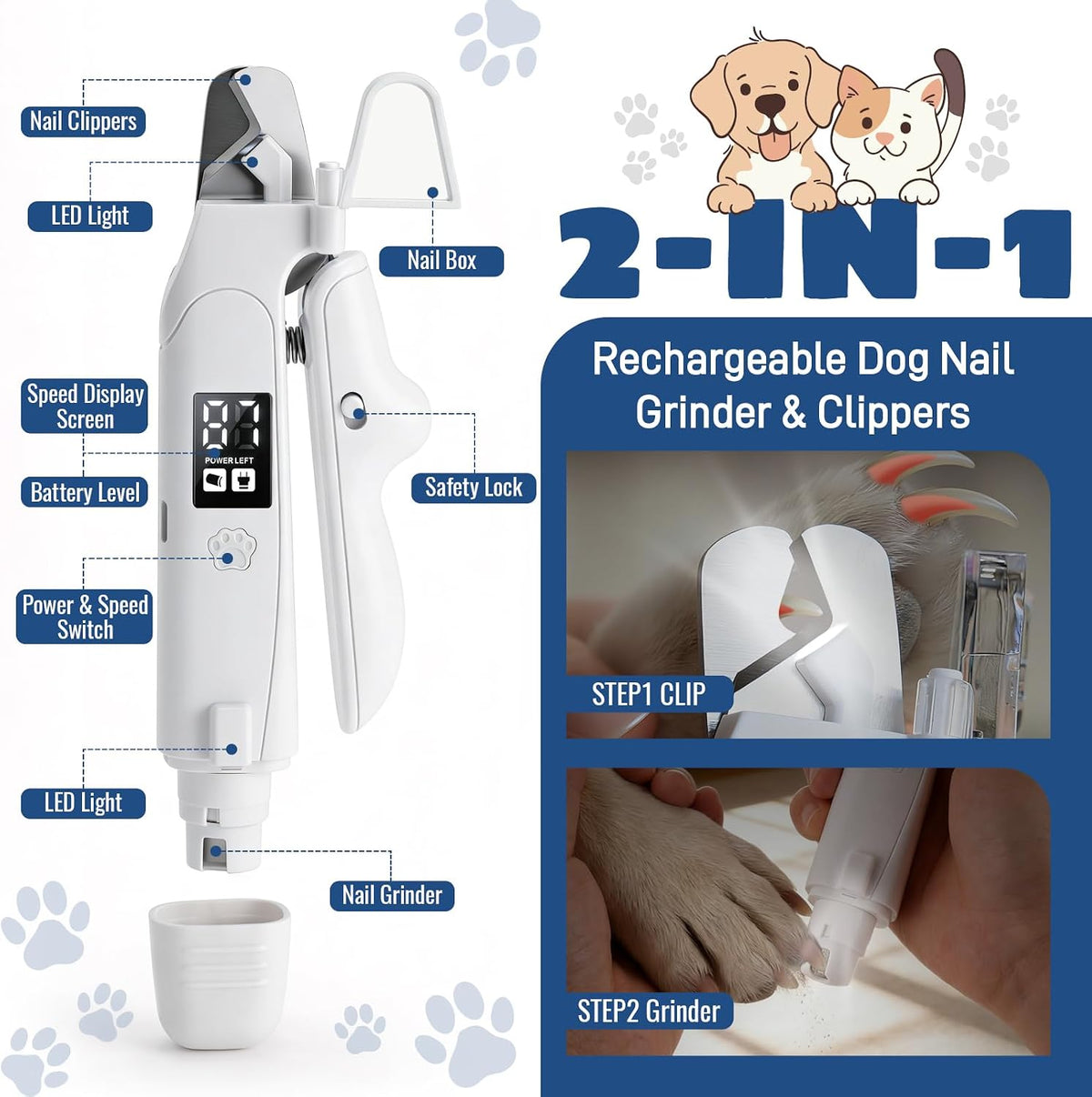Professional Pet Nail Clippers with Integrated LED Light, 2-in-1 Design for Dogs and Cats