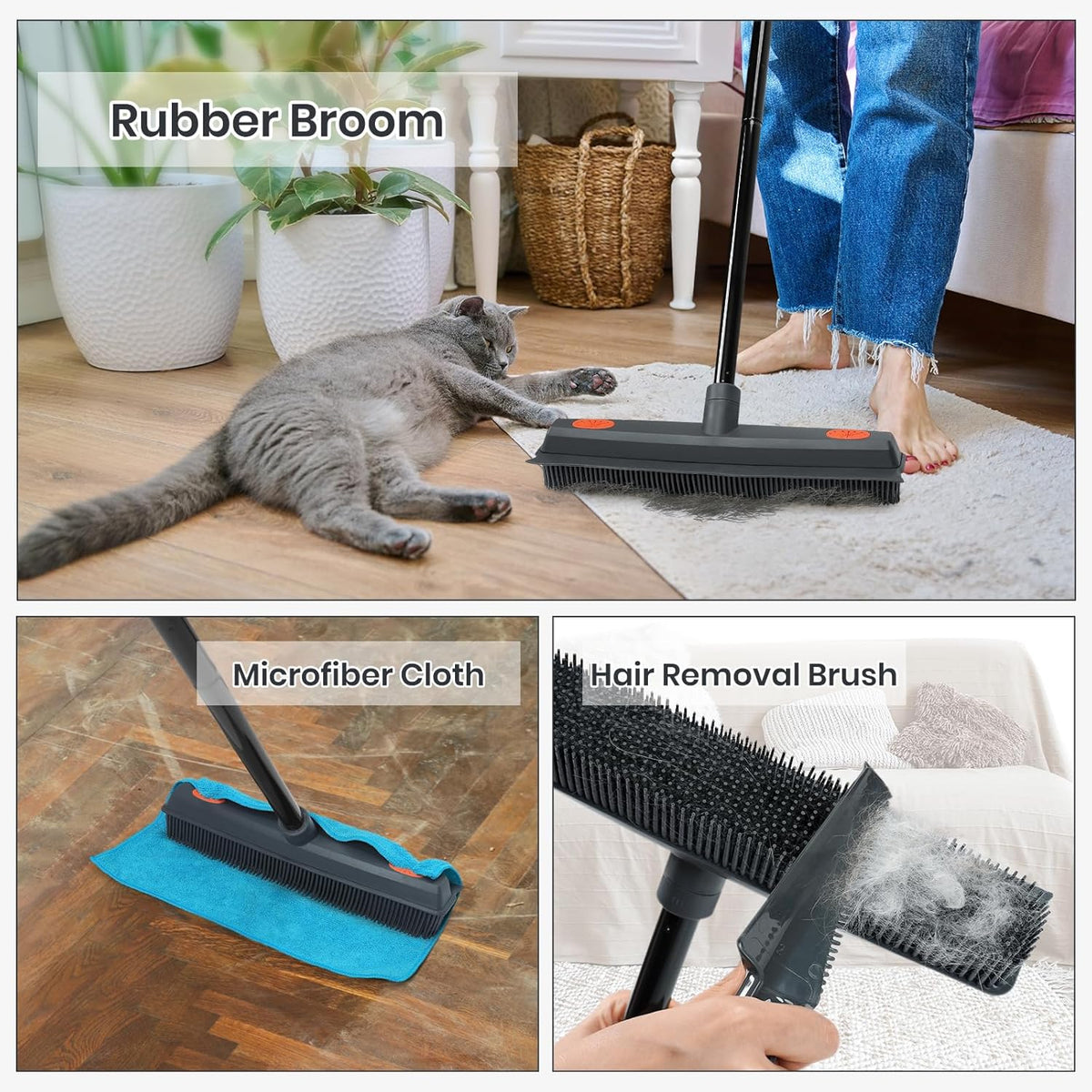 Professional Pet Hair Removal Broom for Carpet and Hardwood Floors with Integrated Squeegee