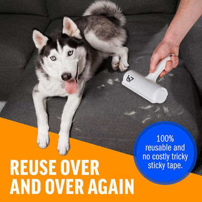 Pet Hair Remover Roller B7 – Reusable Self-Cleaning Lint Roller for Dogs and Cats – Portable Fur Removal Solution for Upholstery, Carpets, and Vehicles – White
