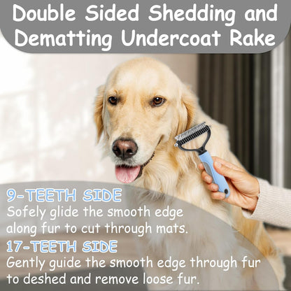7-Piece Pet Grooming Brush and Comb Set, Double-Sided Deshedding and Dematting Brush, Undercoat Rake for Dogs and Cats, Includes Metal Comb, Flea Comb, Open Knot Comb, Fine-Tooth Comb, and Tear Stain Remover Comb