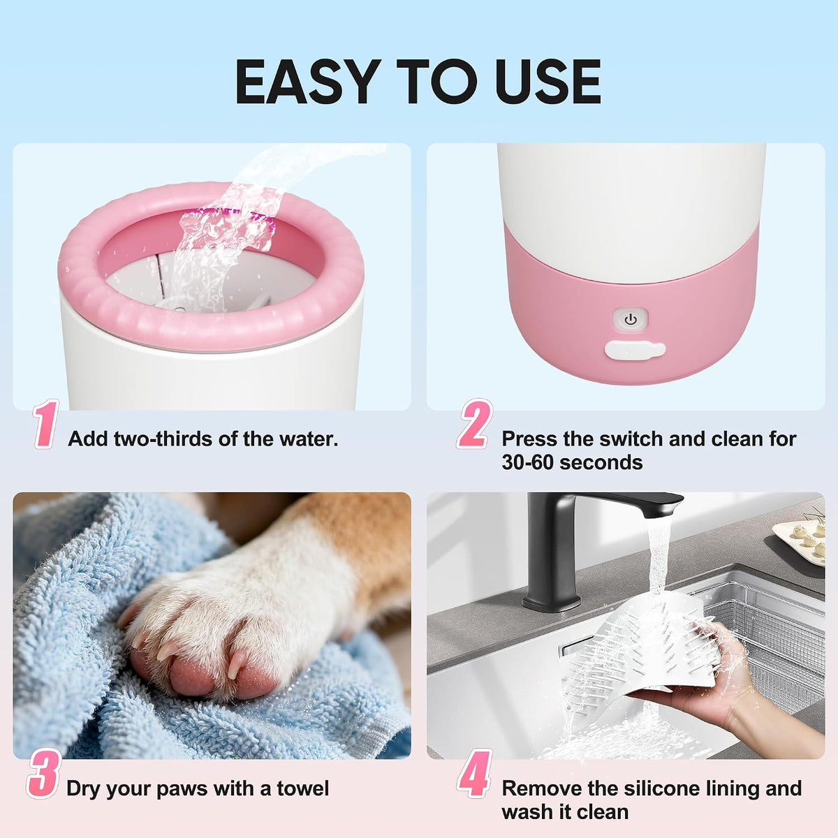 Rechargeable 360° Pink Electric Dog Paw Cleaner with Integrated Brush