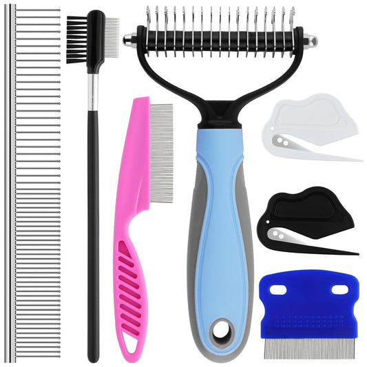 7-Piece Pet Grooming Brush and Comb Set, Double-Sided Deshedding and Dematting Brush, Undercoat Rake for Dogs and Cats, Includes Metal Comb, Flea Comb, Open Knot Comb, Fine-Tooth Comb, and Tear Stain Remover Comb