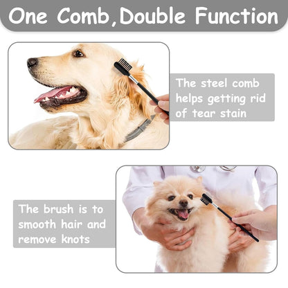 7-Piece Pet Grooming Brush and Comb Set, Double-Sided Deshedding and Dematting Brush, Undercoat Rake for Dogs and Cats, Includes Metal Comb, Flea Comb, Open Knot Comb, Fine-Tooth Comb, and Tear Stain Remover Comb