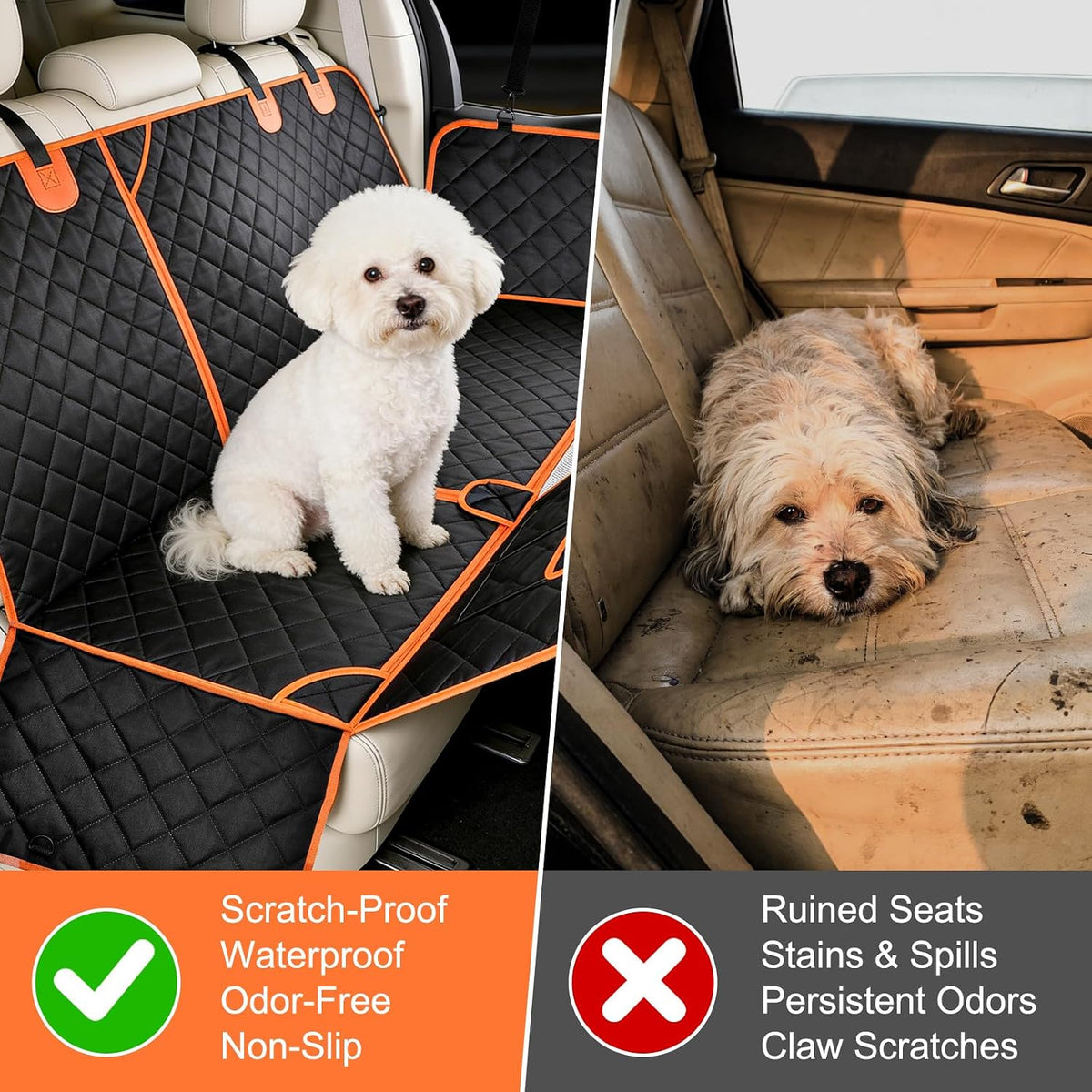 Premium Waterproof Dog Car Seat Cover for Back Seat - Heavy-Duty Pet Protector with Hard Bottom Extender, Scratchproof Nonslip Hammock Design, Compatible with Cars, Trucks & SUVs, Supports Up to 400 lbs, Features Mesh Window